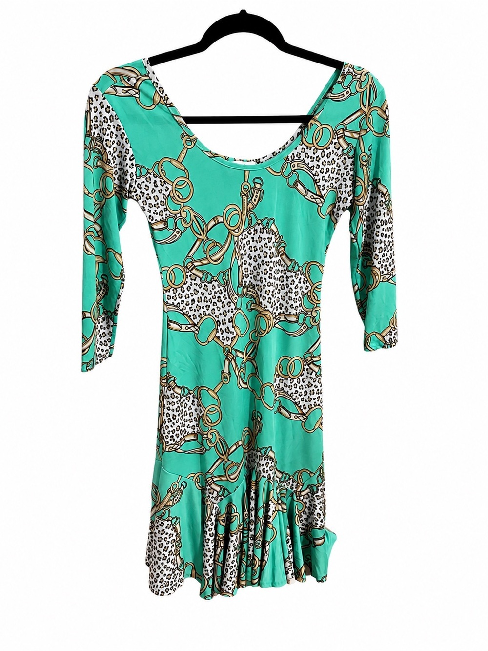 Designer Inspired Turquoise Chain & Leopard Scoop-Neck Long Sleeve Dress 3XS